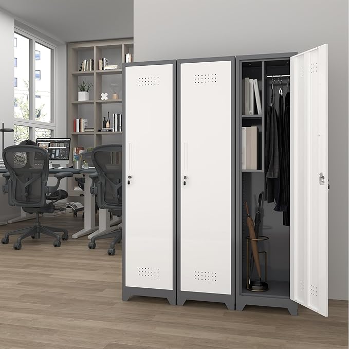 Metal Garage Storage Cabinet,Broom Closet Storage Cabinet,Utility Closet Cabinet for Garage,Office,Gym,Grey-White