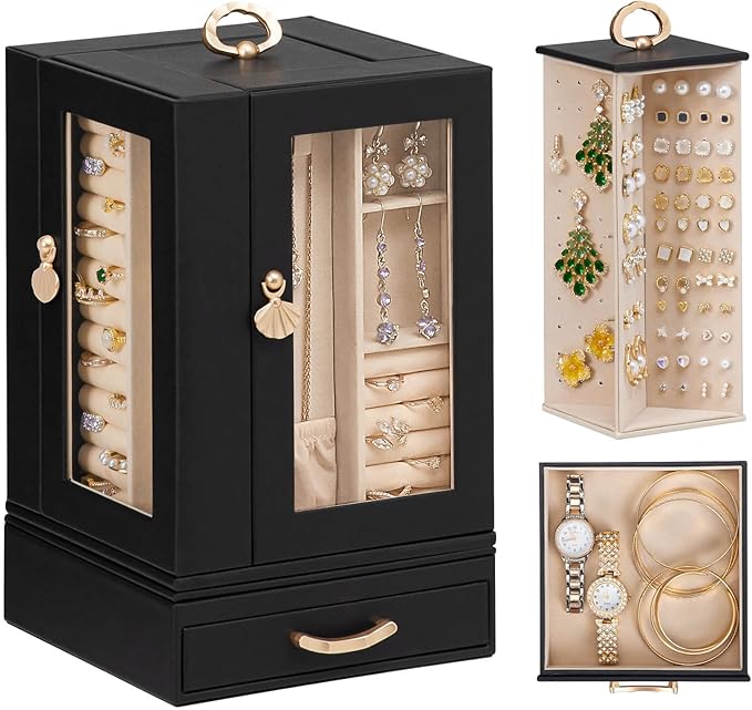 Jewelry Box large for Dresser: Women Necklace Ring Storage Organizer with Compartments - Elegant Earring Holder Display (Black)