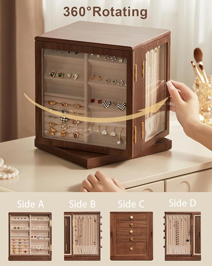 Black Walnut Wooden Jewelry Box - 360° Rotating Jewelry Organizer for Women with 5 Drawers for Rings,Necklaces,Earrings and Bracelets -Large Storage Case - Valentines Day Gifts for Her