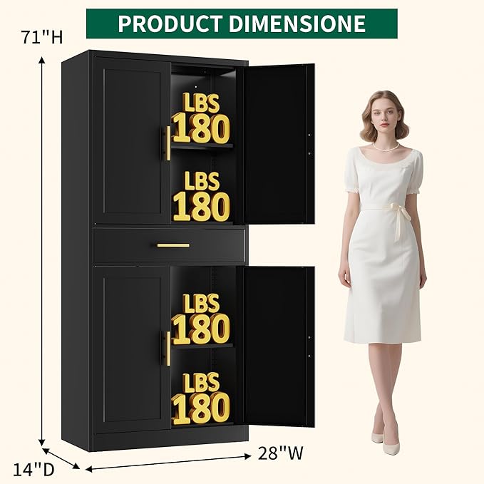 CJF White Kitchen Pantry Cabinet, 71 Inch Tall Metal Storage Cabinet with Adjustable Shelves and 1 Drawer, Freestanding Pantry Cabinet for Kitchen, Living Room, Dining Room, Bathroom, Easy to Assemble