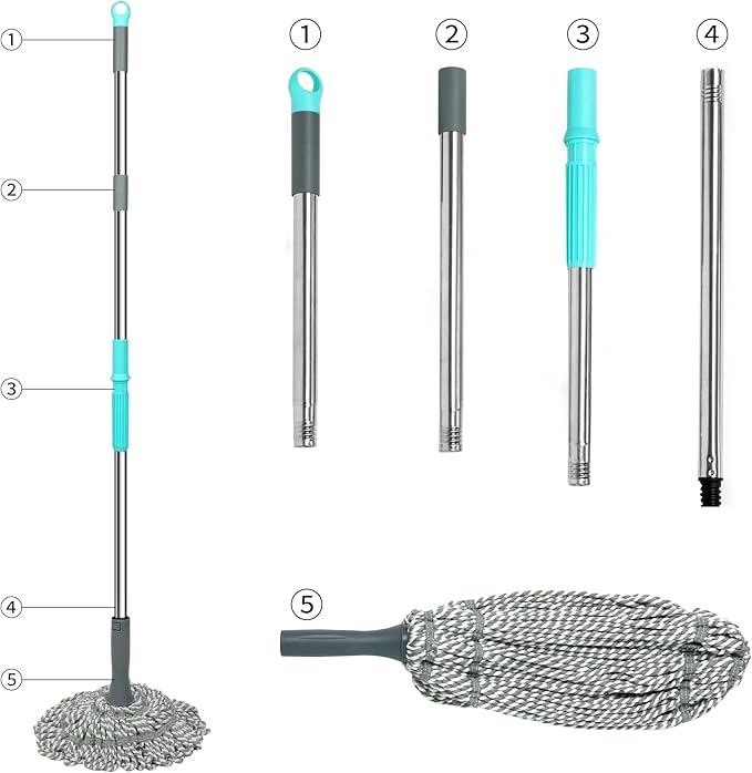Kickleen Self Wringing Mop - Easy Squeeze Twist Mop with 52.5 Inch Long Handle, Heavy Duty for Hardwood, Tile, Vinyl & Laminate Floors (Gray)