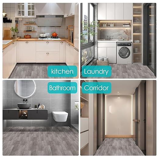 MULGREAT Peel and Stick Floor Tile, 18 Sq.Ft Self Adhesive Vinyl Flooring Plank, 12 Pieces Waterproof Heavy Duty Wood Grain Tiles, 36"x6" DIY Planks for Laundry Kitchen Apartment Home, Soft Grey