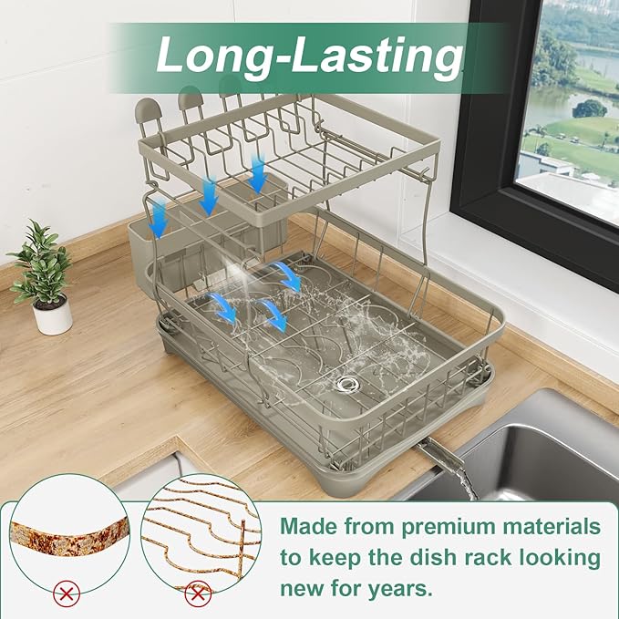 HOMEAILIE Dish Drying Rack, 2-Tier Dish Drying Rack with Utensil Holder – Large Capacity Auto-Draining Dish Drainer with Drainboard for Kitchen Counter, Grey