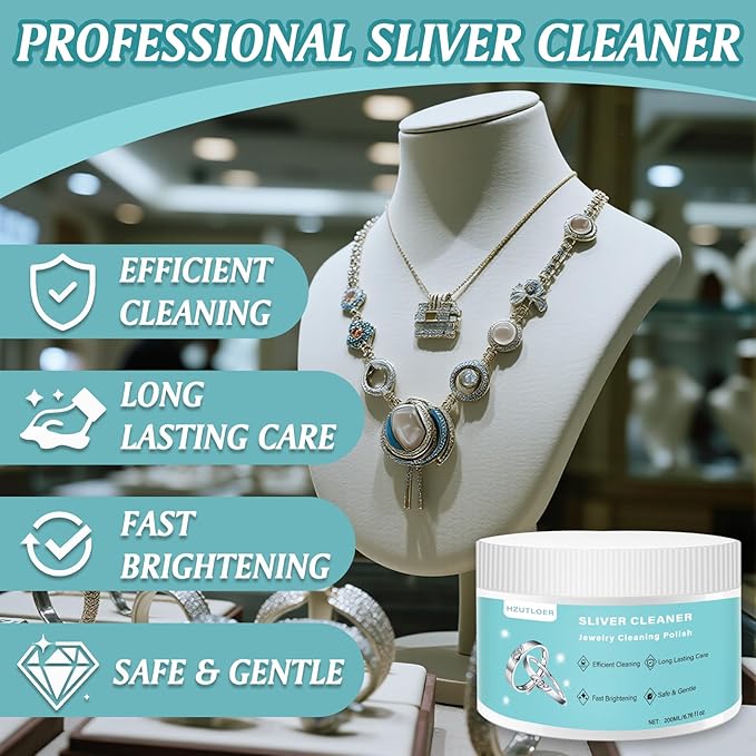 Hzutloer Silver Polish Cleaner,Jewelry Cleaner Tarnish Remover,Safe & Gentle,No Rinse,for Materials of Sterling Silver,Gold,Platinum,6.73 Fl Oz
