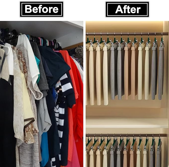 POZEAN Pants Hangers with Clips 30Pack, 12Inch Adjustable Skirt Hangers for Women, Space Saving Non-Slip Hangers for Shorts, Jeans, Coat, Kids' Clothes (Green, 30Pack)