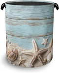 Starfish Seashell Laundry Basket,Vintage Wooden Oxford Cloth Laundry Hamper with Handle Foldable Portable Clothes Storage Basket for Bathroom Bedroom Dorm Room 16" x 20.8"
