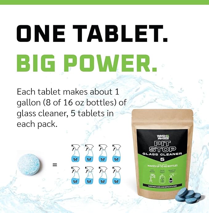 WASH&WHIPS Glass Cleaner Effervescent Tablets w/Empty 16 oz Spray Bottle (Makes 5 Gal/20L)