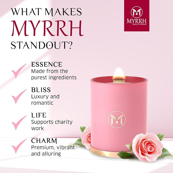MyrrhUSA Rose Scented Candle – 15 oz Natural Soy Wax with Crackling Wooden Wick & Essential Oils | 80 Hour Burn | Luxury Aromatherapy Candle for Relaxation, Home Décor, Living Room & Bathroom