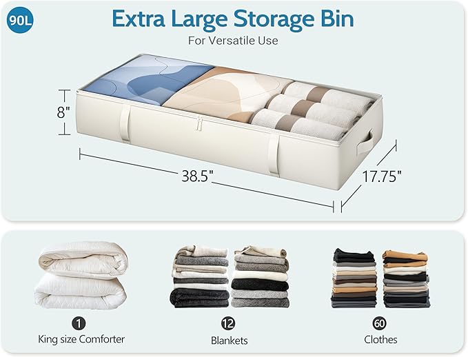 TidyCorner 2-Pack Under Bed Storage Containers, 8 Inches Tall Underbed Clothes Storage Organizer Bin with Sturdy Sidewalls/Bottom, Under the Bed Storage Bags 2 Storage Bins, Beige