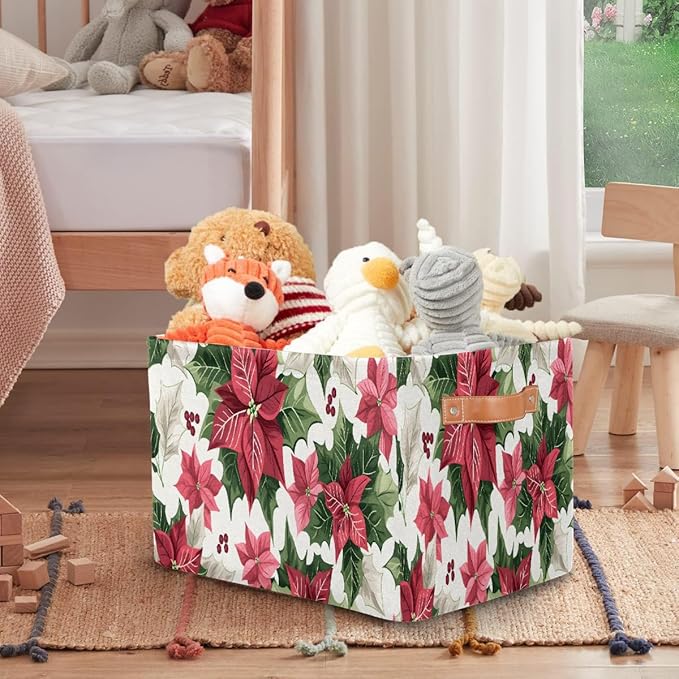 Storage Baskets Bin, Christmas Winter Poinsettia Collapsible Canvas Fabric Storage Bin Decorative Baskets Toy Organizer Rectangle Storage Boxes with Handles for Home Shelves Nursery, J-002