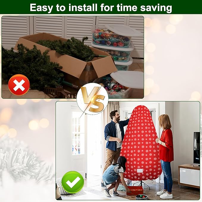 Christmas Tree Cover,Durable Upright Xmas Tree Storage Bag with Zipper & Drawstring for up to 6 Foot Artificial Tree Standing with Ornaments,Dustproof - Snow Printing Red