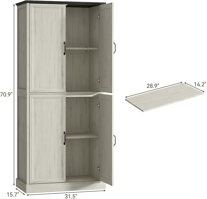 71'' Tall Pantry Cabinet, Farmhouse Kitchen Pantry Storage Cabinet with Barn Door and Adjustable Shelves, Rustic White Wood Freestanding Cupboard for Kitchen, Dining Room