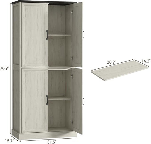 71'' Tall Pantry Cabinet, Farmhouse Kitchen Pantry Storage Cabinet with Barn Door and Adjustable Shelves, Rustic White Wood Freestanding Cupboard for Kitchen, Dining Room