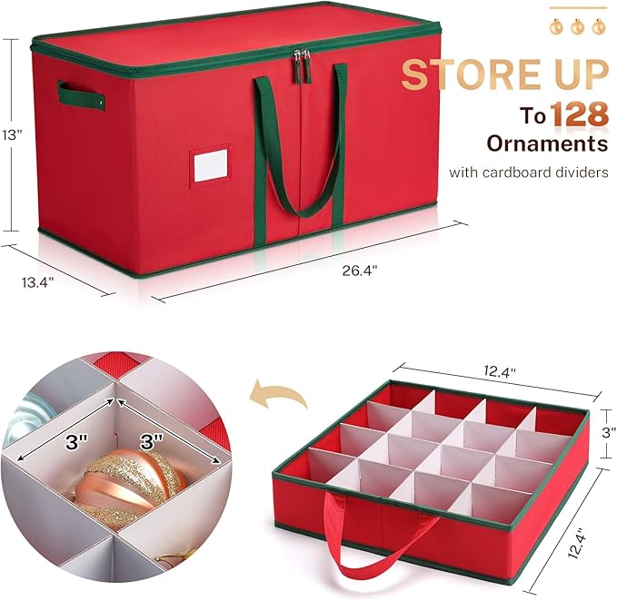 MaidMAX Christmas Ornament Storage Box Holiday Decoration Organizer, 128 Christmas Ball Accessories Holder with Adjustable Dividers, 8 Removable Trays, 600D Oxford, Zippered Closure (RED)