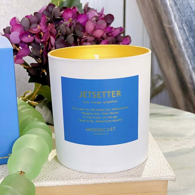Moodcast Jet Setter Scented Candle - Aesthetic Candle for Home, Yuzu, Mango, Grapefruit & Vanilla Bean, Clean Coco Wax Blend, Vegan, Paraben Free, 45-Hour Long Lasting Burn - 8oz