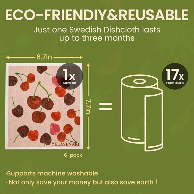 Yelasenari Swedish Dishcloths for Kitchen Reusable 6 Pack Kitchen Towels No Odor Quick-Drying Reusable Paper Towels Reusable Paper Towels Washable for Countertop, Sink, and Kitchen Fruit