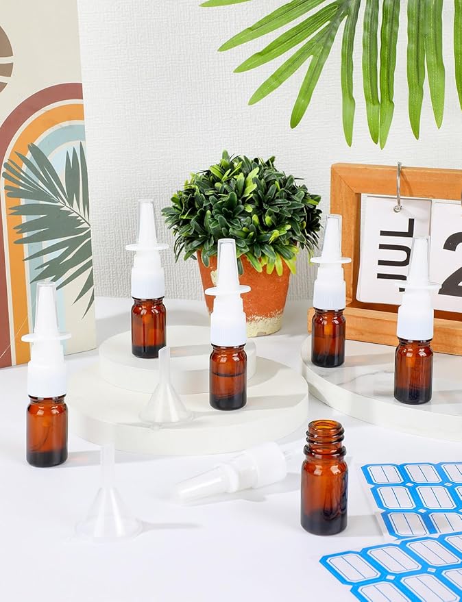 ZHWKMYP 10 Pcs Nasal Spray Bottle, 5ML/0.17OZ 6 Pcs Brown Fine Mist Glass Empty Refillable Nasal Spray Bottle with 2 Funnels and 2 Labels
