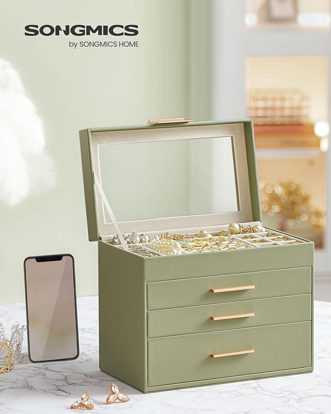 SONGMICS Jewelry Box Organizer with Glass Lid, 4-Layer Jewelry Storage, with 3 Drawers, Modern Style, 6 x 9.9 x 8.5 Inches, Laurel Green and Gold Color UJBC161C02