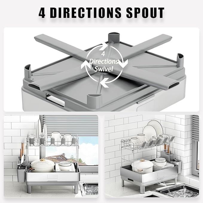 Ewaiira Large Dish Drying Rack, 304 Stainless Steel Dish Racks for Kitchen Counter, Automatic Drainage Spout, Rustproof Kitchen Dish Drainers with Drainboard, Utensil Holder & Glass Holder, White