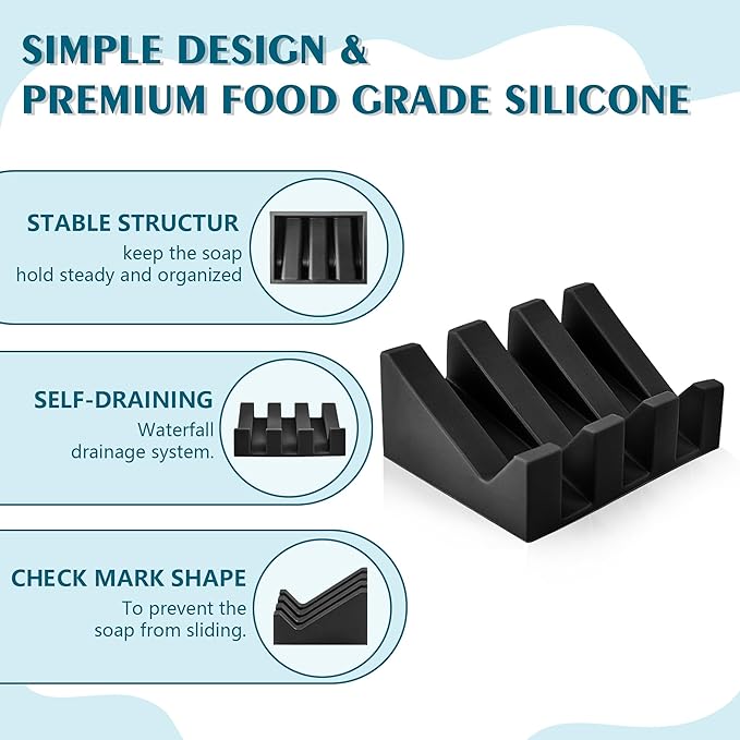 Coipdfty Self Draining Soap Dish Holder,Silicone Soap Dish,for Bathroom,Kitchen, Sponges，Can Extend Soap Life，Keep Soap Bars Dry and Easy Cleaning (Black,1-Pack)