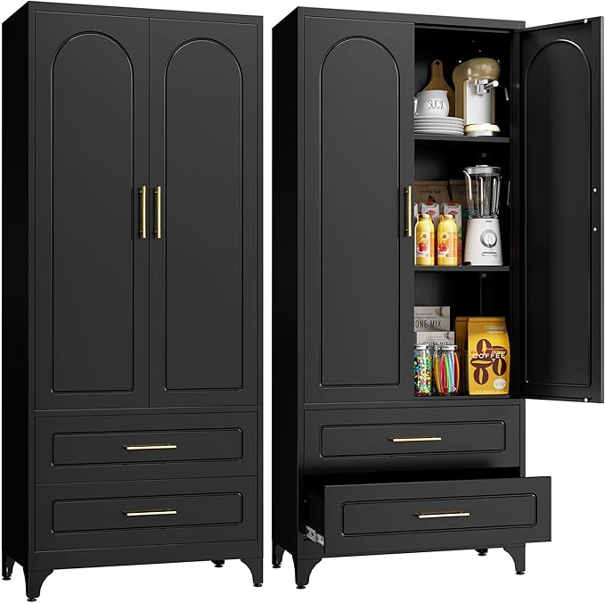 Metal Storage Cabinet with Doors and Shelves, 75" Tall Kitchen Pantry Storage Cabinets with 2 Drawer, Black Food Pantry, Home Office Cabinet, Large Cupboard for Kitchen, Dining, Living Room