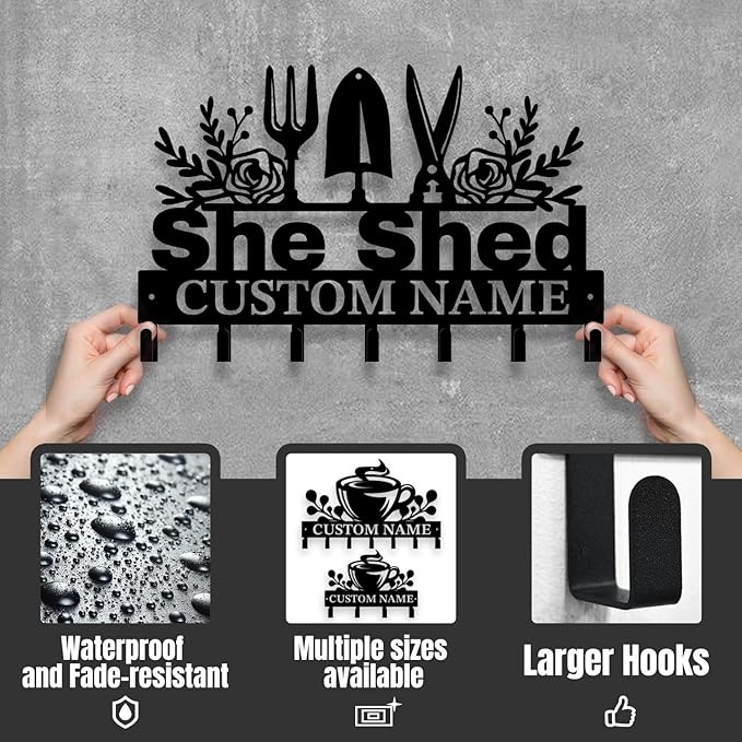 Personalized She Shed Metal Keys Hooks,Custom Name Metal She Shed Keys Hooks,Black Metal She Shed Wall Home Storage Decorative Keys Hooks,Key Holder Hooks for Wall (Style H)