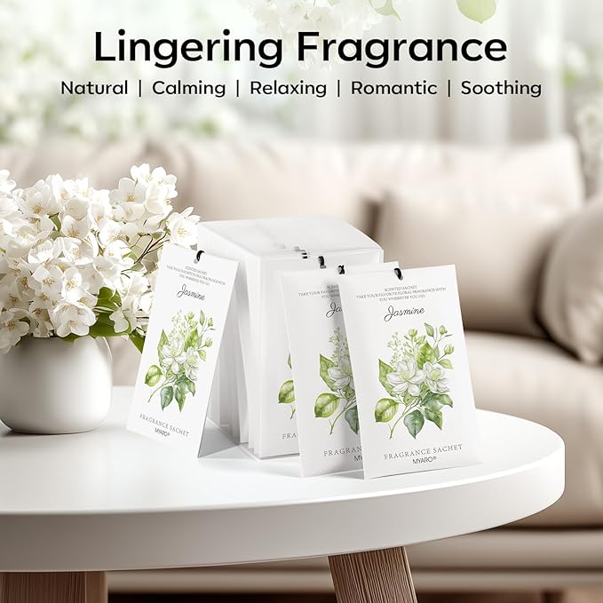 MYARO 12 Packs Jasmine Scented Sachets for Drawer and Closet, Long-Lasting Air Freshener Sachet Bag Drawer Car Bathroom Deodorizers Fresh Scent Home Fragrance