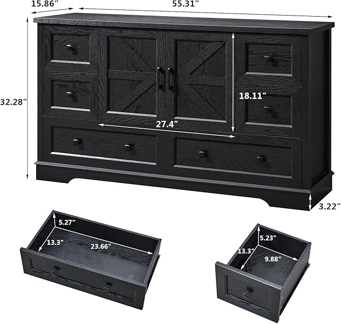 LIDYUK 6 Drawer Black Dresser for Bedroom Farmhouse Dresser Chest of Drawers, 55" Wide Clothes Organizer with Storage Cabinet Wood Chest of Drawers for Bedroom, Living Room