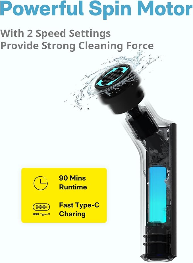 HOTO Cordless Electric Spin Scrubber, IPX7 Full Body Waterproof Bathroom Cleaning Brush, Max 22 in-lb, Shower Scrubber Brush with Long Handle, 6 Brush Heads, Power Scrubber for Bathroom, Floor, Tile