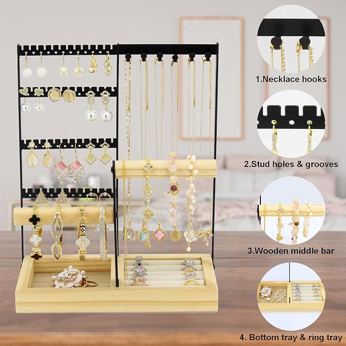 JONKASIPA Jewelry Holder Organizer Jewelry Stand, 4-Tier Necklace Stand Earring Holder with Wooden Tray, Jewelry Rack for Bracelets Watches and Rings Display Stand, Gifts for Women & Girls-Black