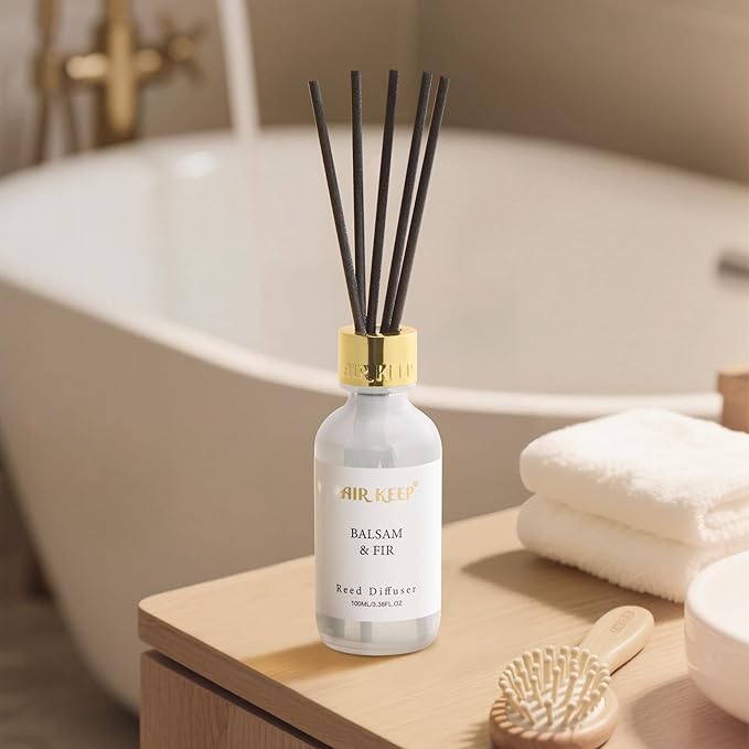 Airkeep Reed Diffuser Set, 3.38 fl oz (100 ml) - Balsam Fir Oil Diffusers with 8 Reed Sticks, Home Fragrance Reed Diffuser for Bathroom Shelf Decor