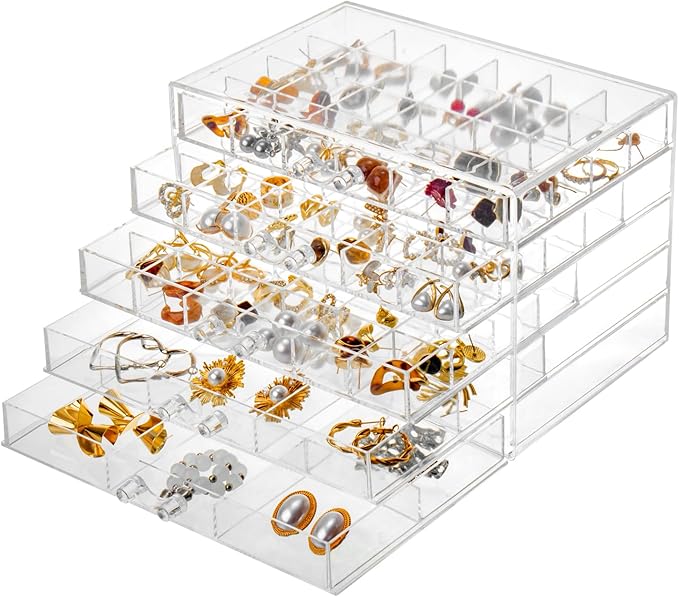 Jewelry Boxes Earring Storage Box Organizer 5 Drawers Jewelry Organizer Acrylic Jewelry Storage Box Holder Compartment Transparent Display Storage Case Gift for Women Girls (84 Girds)