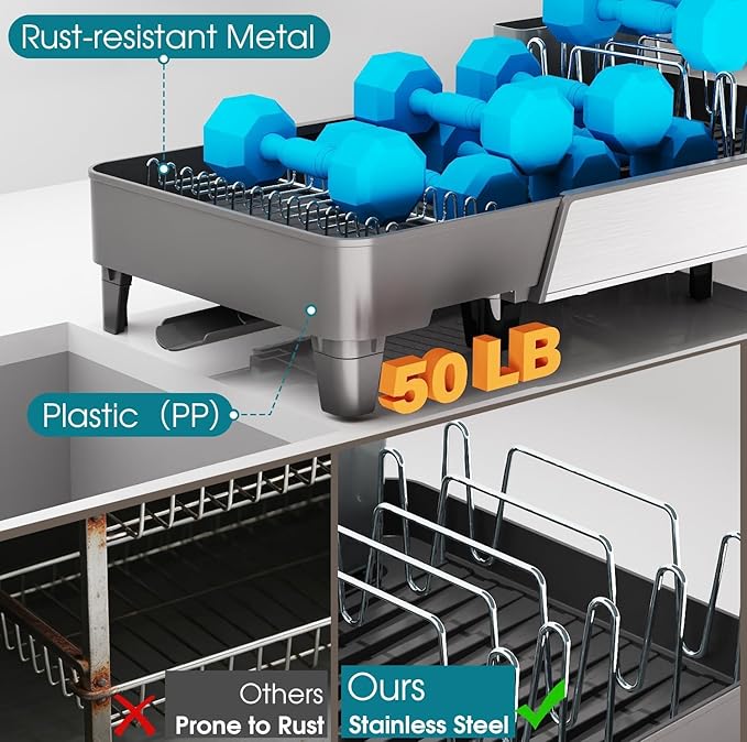 FOXHIVE Large Expandable Dish Drying Rack, Dish Racks for Kitchen Counter, Space Saving & Rust Resistant Dish Drainer with Removable Drainboard & Utensil Holder, Adjustable Length 16.4 to 24.4 Inches