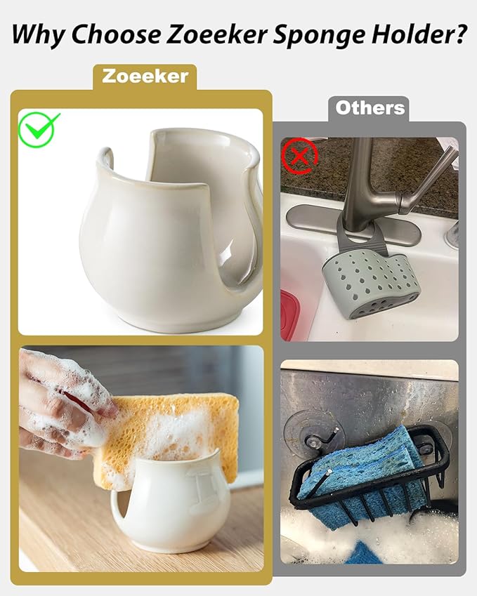 Zoeeker Sponge Holder for Kitchen Sink Counter, Ceramic Dish Sponge Caddy White Sink Organizer Dish Rack Farmhouse Brush Holder for Bathroom, Kitchen, White
