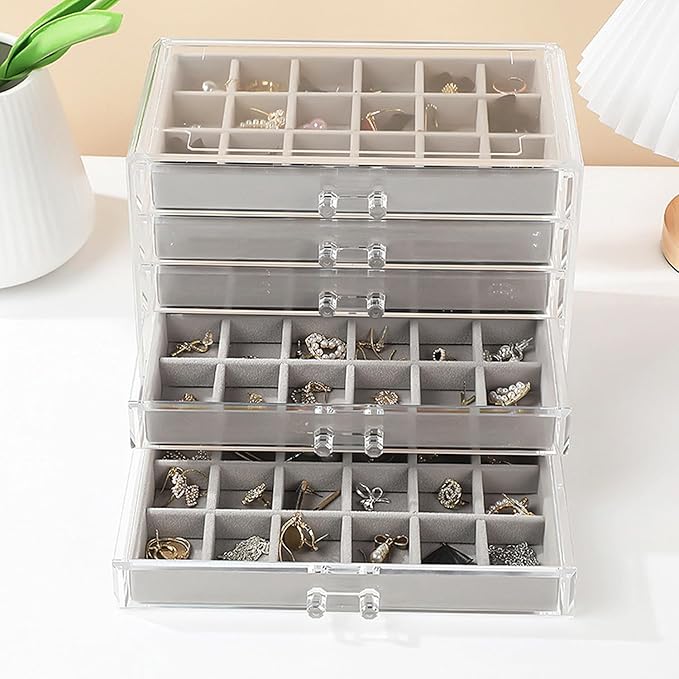 SPAKOWN Earring Organizer, Acrylic Jewelry Box with 5 Drawers, Clear Velvet Earring Storage Display Case with 90 Compartments for Women Girls (Grey)