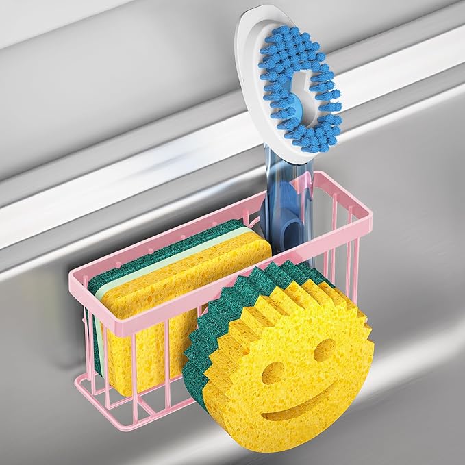 MURLONG Sponge Holder Smiley Face,Sink Caddy,Sink Organizer with 2 Suction Cups/1 Adhesive Strips,Designed for Sponge,Soap,Dish Brush,Scrubber - Pink