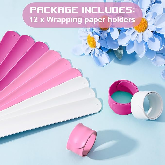 Charniol 12 Pieces Wrapping Paper Roll Holder Holiday Flip Wraps Silicone Covered Metal Strips Flip 1 x 9 Inch Stabilizer Slap Band for Poster Gift Paper Vinyl Storage Organize (Rose Red,Pink,White)