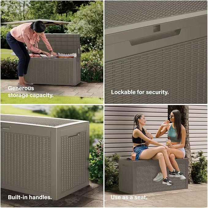 Outdoor Storage Box Waterproof, 320 Gallon Lockable Resin Deck Box Large, Patio Storage Bin for Pool Accessories Cushion Furniture, Garden Tools, UV-Resistant Outside Delivery Grey