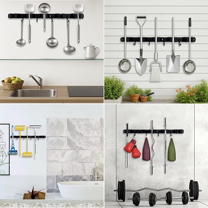 5 Racks and 4 Hooks Mop and Broom Holder Wall Mount, SUS304 Heavy Duty Broom Organizer Storage Tool Racks, Self Adhesive Solid Non-slip Tool Hangers for Home Kitchen Garden Laundry Garage