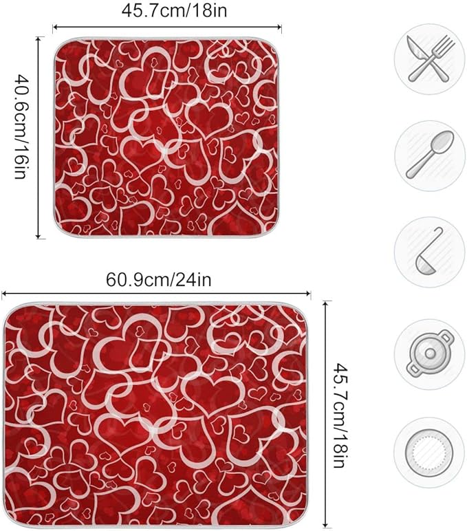Red Pink Love Heart Dish Drying Mat for Kitchen Happy Valentine's Day Microfiber Drying Mats Absorbent Reversible Dish Pad Large Dish Draining Mat 18x24 inch