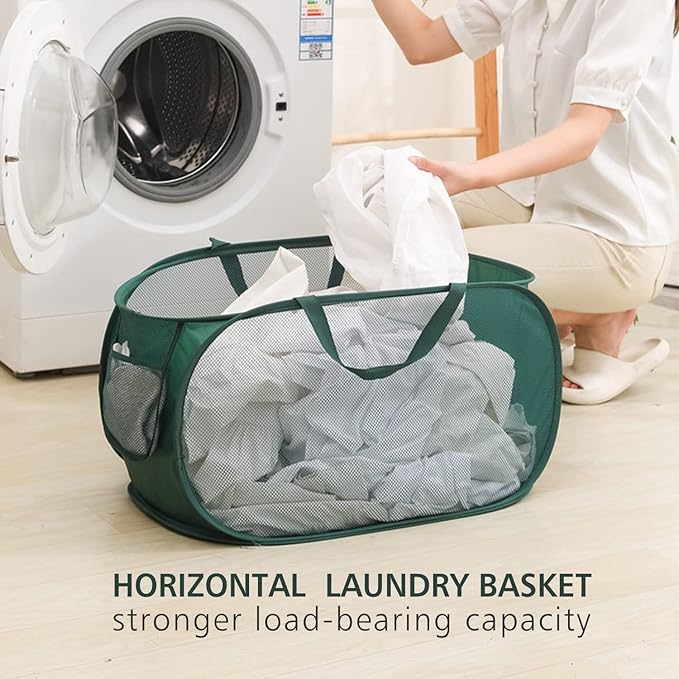 Pop Up Laundry Hamper,Collapsible Horizontal Baskets with Handles & Side Pocket,Foldable Sturdy mesh for Laundry Room,Bathroom,Kids Room,College Dorm or Travel (Navy)
