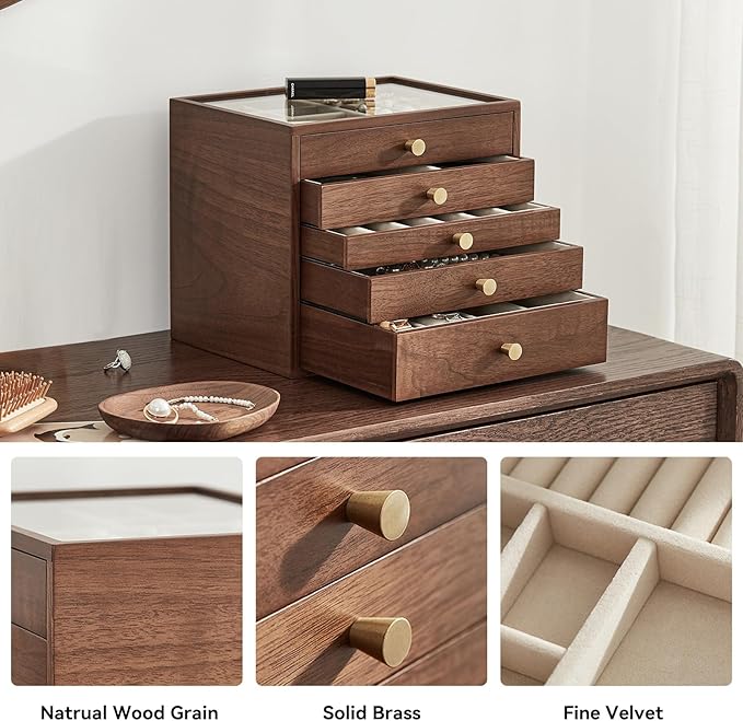 Homruilink Black Walnut Wooden Jewelry Box Women large 5 Layer Drawer Wood Organizer Box with Glass Lid for Necklaces, Watch, Necklace, Ring, Earring Storage - Valentine's Day Gifts