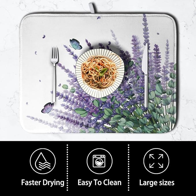 Kwlegh Purple Lavender Dish Drying Mat for Kitchen Counter Spring Summer Floral Microfiber Dish Drainer Mats Green Leaves Butterfly Absorbent Reversible Dish Drainer Rack Mat 16x18 Inch