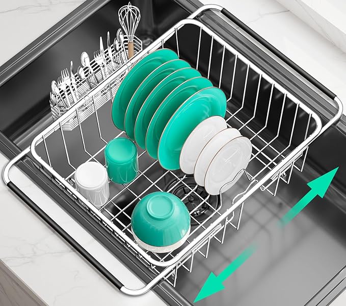 SwetLao Large Sink Dish Drying Rack, Expandable 304 Stainless Steel Metal Dish Drainer Rack Organizer Shelves with Stainless Steel Utensil Holder Over Inside Sink, Rustproof