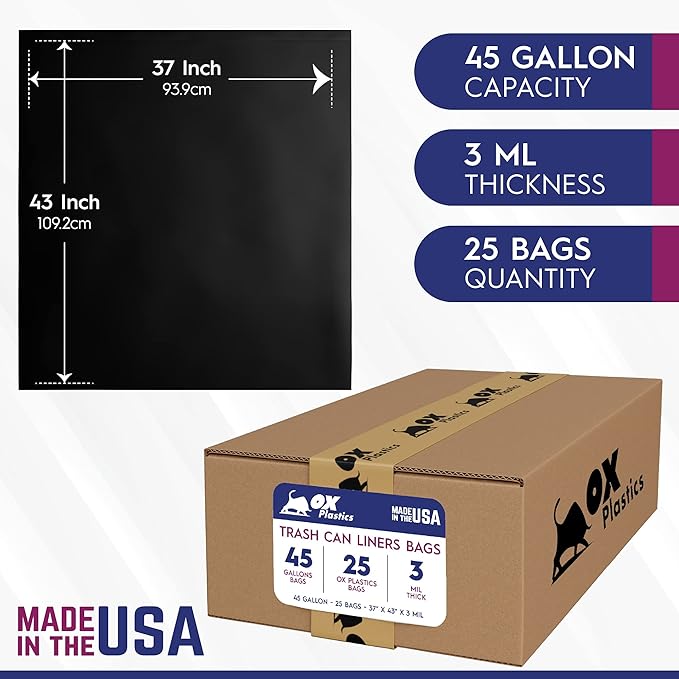 Ox Plastics Trash Can Liners Bags - 42 Gallon Capacity & 3mil Thick Extra Heavy Duty Strength - Large Garbage, Leak-Proof & Durable, House & Commercial Use Bags Black 37 X 43 (25 Count)