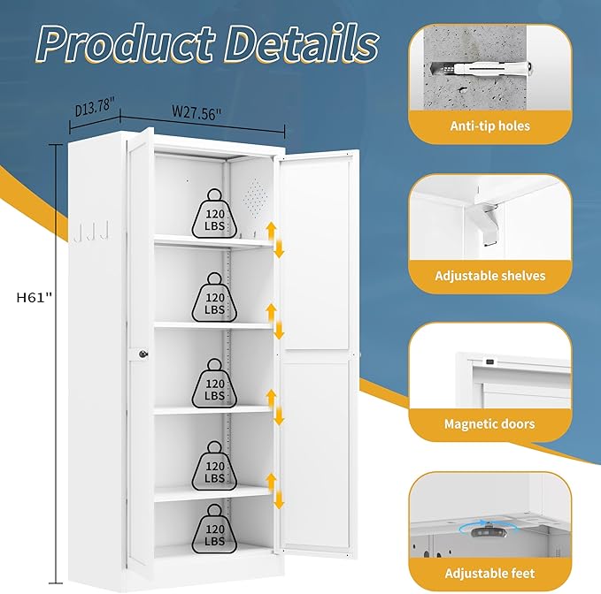 Kitchen Pantry Cabinet, 61" H Storage Cabinet with Doors and Adjustable Shelves, Metal Bathroom Cabinets, Utility Cabinets for Kitchen, Garage, Assemble Required, White