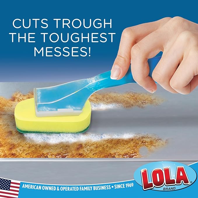 LOLA Dish Brush w/Soap Dispenser Wand, 12 Brushes w/Heads & 72 Refills, Absorbent Sponge Scrubber, No Leaking. Clean Dishes, Sinks and Cookware