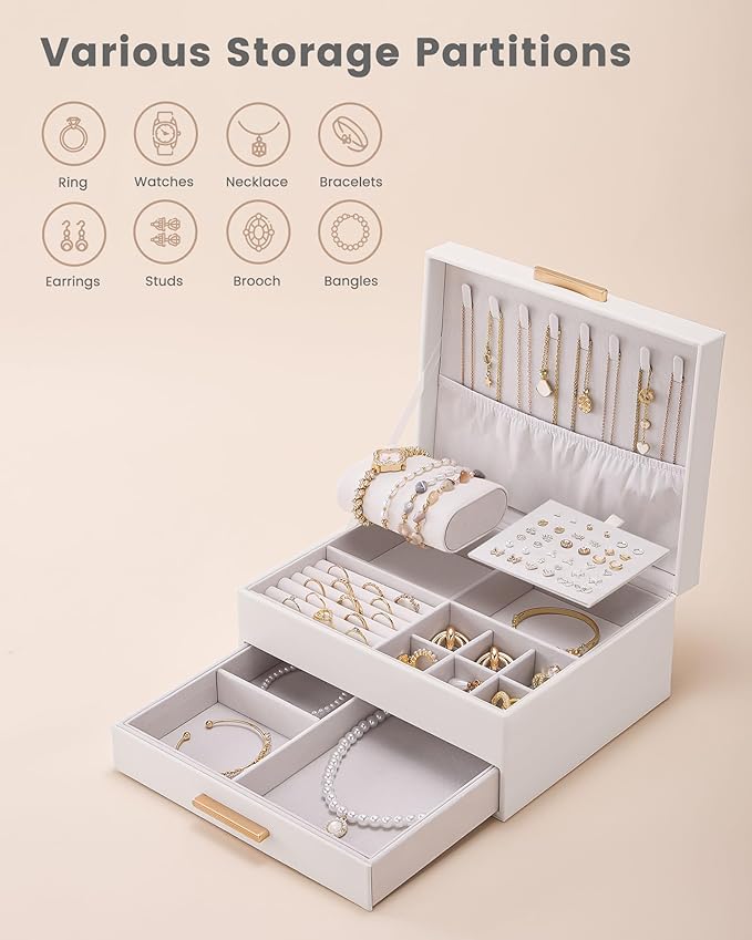 Lolalet 2-Layer Jewelry Boxes Organizer for Women Girls, Jewelry Storage Case Holder with Drawers for Necklaces Rings Earrings Bracelets Watches, Gifts Choice for Girlfriend Wife -Beige