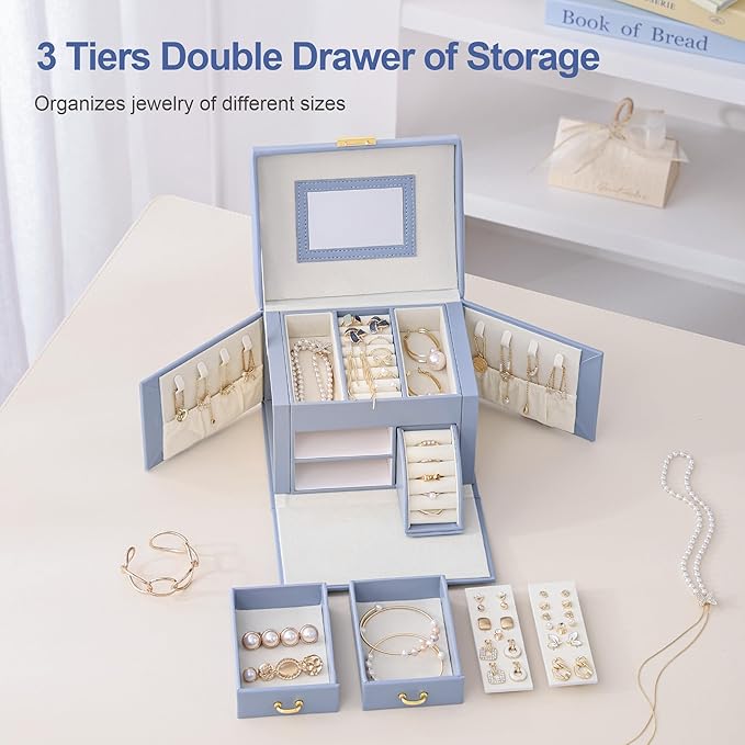 CASEGRACE Jewelry Box Organizer for Women Girls, Three Layer Jewelry Storage Box with Mirror PU Leather Jewelry Display Case for for Bracelets, Earrings, Rings, Necklaces,Blue