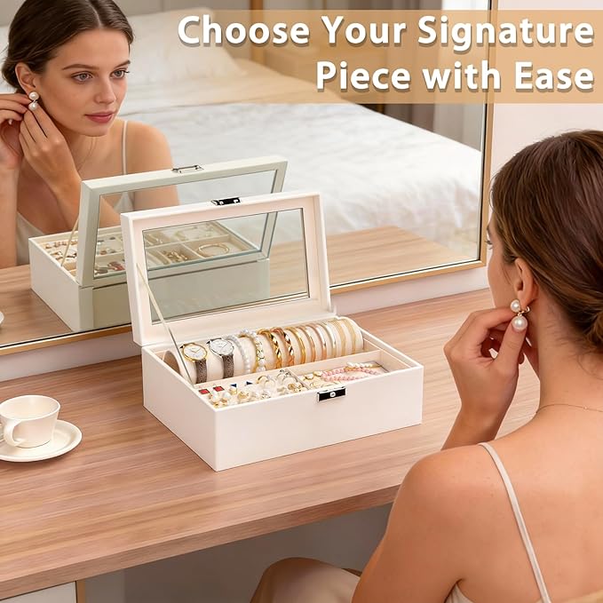 Jewelry Organizer Box with Clear Glass Lid, Bracelet Holder Jewelry Storage Case for Earrings, Rings, Bangles, Watches - PU Leather Jewelry Display Box Gifts for Women Girls, White
